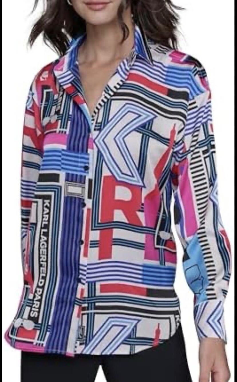 Karl Lagerfeld Paris Graphic Print Button Down Shirt Women's XL Long Sleeve